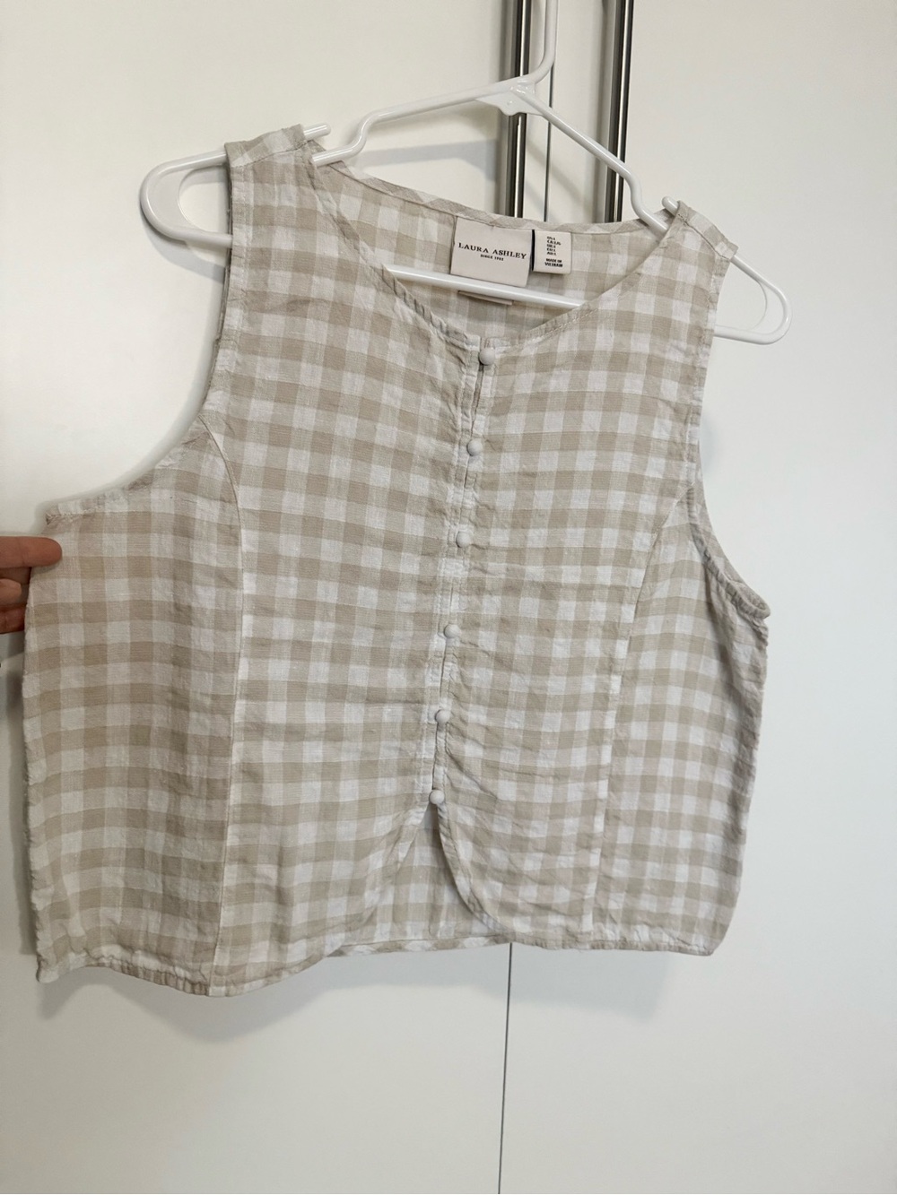 Laura Ashley Beige & White Gingham Linen Button-Front Top